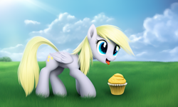 Size: 960x576 | Tagged: safe, imported from derpibooru, derpy hooves, pegasus, pony, ai content, ai generated, blue eyes, cute, female, food, mare, muffin, open mouth, solo, tongue out, wrong eye color