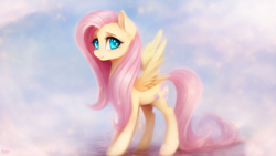 Size: 1024x576 | Tagged: safe, imported from derpibooru, fluttershy, pegasus, pony, ai content, ai generated, cute, female, mare, shyabetes, simple background, solo