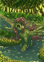 Size: 2480x3508 | Tagged: safe, artist:neoshrek, imported from derpibooru, fluttershy, pegasus, pony, crepuscular rays, dappled sunlight, female, floppy ears, flower, forest, high res, looking up, mare, open mouth, open smile, outdoors, shadows, smiling, solo, spread wings, turned head, walk, wings