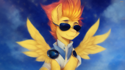 Size: 1024x576 | Tagged: safe, imported from derpibooru, spitfire, pegasus, pony, ai content, ai generated, clothes, cute, female, mare, simple background, solo, sunglasses