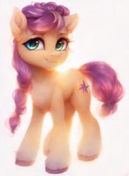 Size: 704x960 | Tagged: safe, imported from derpibooru, sunny starscout, earth pony, pony, ai content, ai generated, cute, female, g5, mare, my little pony: a new generation, simple background, solo, unshorn fetlocks, white background