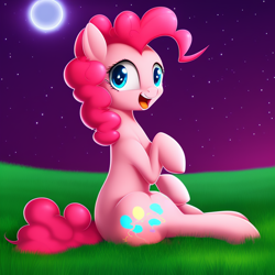 Size: 704x704 | Tagged: safe, imported from derpibooru, pinkie pie, pony, ai content, ai generated, cute, female, mare, open mouth, sitting, solo