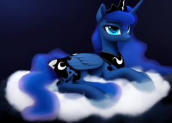 Size: 896x640 | Tagged: safe, imported from derpibooru, princess luna, alicorn, pony, ai content, ai generated, cloud, cloudy, cute, female, lying down, mare, prone, simple background, solo