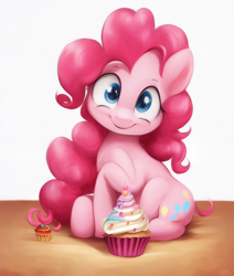 Size: 704x832 | Tagged: safe, imported from derpibooru, pinkie pie, earth pony, pony, ai content, ai generated, cupcake, cute, female, food, mare, simple background, solo, white background