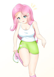 Size: 849x1200 | Tagged: safe, artist:lyc69371799, imported from derpibooru, fluttershy, human, breasts, clothes, humanized, simple background, skirt, socks, white background