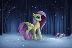 Size: 960x640 | Tagged: safe, imported from derpibooru, fluttershy, pegasus, pony, ai content, ai generated, cute, female, forest, mare, snow, snowfall, solo