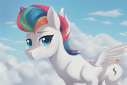 Size: 960x640 | Tagged: safe, imported from derpibooru, zipp storm, pegasus, pony, ai content, ai generated, cloud, cute, female, flying, g5, mare, my little pony: a new generation, sky, solo