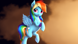Size: 1024x576 | Tagged: safe, imported from derpibooru, rainbow dash, pegasus, pony, ai content, ai generated, backwards cutie mark, cute, female, mare, simple background, solo