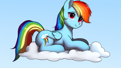 Size: 1024x576 | Tagged: safe, imported from derpibooru, rainbow dash, pegasus, pony, ai content, ai generated, cloud, cloudy, cute, female, lying down, mare, on a cloud, prone, simple background, solo