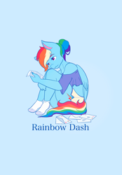 Size: 1423x2048 | Tagged: safe, artist:mscolorsplash, imported from derpibooru, rainbow dash, anthro, pegasus, plantigrade anthro, alternate hairstyle, blue background, clothes, eyebrows, eyebrows visible through hair, female, hair bun, letter, looking at something, mare, off shoulder, reading, simple background, sitting, socks, solo
