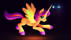 Size: 1024x576 | Tagged: safe, imported from derpibooru, sunny starscout, alicorn, pony, ai content, ai generated, cute, female, flying, g5, mare, my little pony: a new generation, race swap, simple background, solo, sunnycorn