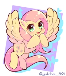 Size: 900x1048 | Tagged: safe, artist:yukiha_321, imported from derpibooru, fluttershy, pegasus, pony, cute, female, looking at you, mare, open mouth, open smile, shyabetes, signature, smiling, smiling at you, solo, spread wings, wings