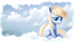 Size: 1024x576 | Tagged: safe, imported from derpibooru, pony, ai content, ai generated, cute, female, filly, foal, sad, simple background, sitting, solo