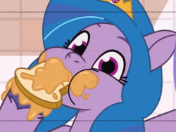 Size: 800x600 | Tagged: safe, imported from derpibooru, screencap, izzy moonbow, pony, unicorn, spoiler:g5, spoiler:my little pony: tell your tale, spoiler:tyts01e04, animated, bread, cute, female, food, g5, izzybetes, looking at you, mare, my little pony: tell your tale, nightmare roommate, nom, sandwich