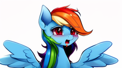 Size: 576x320 | Tagged: safe, imported from derpibooru, rainbow dash, pegasus, pony, ahegao, ai content, ai generated, cute, female, mare, open mouth, simple background, solo, tongue out, white background