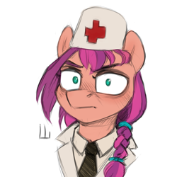 Size: 1003x1003 | Tagged: safe, artist:jewellier, imported from derpibooru, sunny starscout, earth pony, pony, clothes, female, g5, hat, looking at you, mare, medic, meme, ponified meme, simple background, solo, sunny starscout is not amused, unamused