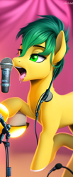Size: 448x1088 | Tagged: safe, imported from derpibooru, earth pony, pony, ai content, ai generated, male, microphone, open mouth, singing, solo, stallion