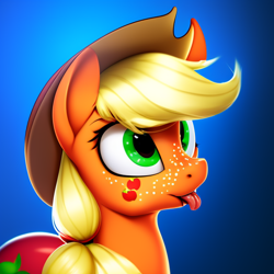 Size: 576x576 | Tagged: safe, imported from derpibooru, applejack, earth pony, pony, ai content, ai generated, cute, female, freckles, mare, simple background, solo, tongue out