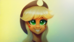 Size: 1024x576 | Tagged: safe, imported from derpibooru, applejack, earth pony, pony, ai content, ai generated, bust, cute, female, gradient background, mare, portrait, simple background, solo, uncanny valley