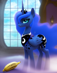 Size: 704x896 | Tagged: safe, imported from derpibooru, princess luna, alicorn, pony, ai content, ai generated, banana, castle, cute, female, food, mare, solo