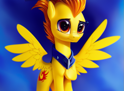 Size: 565x416 | Tagged: safe, imported from derpibooru, spitfire, pegasus, pony, ai content, ai generated, cute, female, mare, simple background, solo