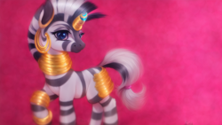 Size: 1024x576 | Tagged: safe, imported from derpibooru, zecora, pony, zebra, ai content, ai generated, bracelet, butt rings, cute, ear piercing, earring, female, horn, horn ring, jewelry, mare, neck rings, piercing, ring, simple background, solo
