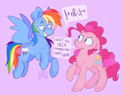 Size: 2048x1577 | Tagged: safe, artist:swirlseypop, edit, imported from derpibooru, pinkie pie, rainbow dash, earth pony, pegasus, pony, censored, censored dialogue, censored vulgarity, chest fluff, duo, ears back, female, floppy ears, flying, grawlixes, grin, mare, redraw, smiling, what the heck rainbow dash don't swear