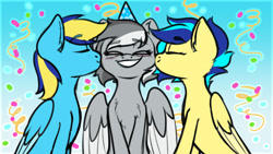 Size: 1920x1080 | Tagged: safe, artist:koapony, imported from derpibooru, oc, oc only, oc:general mumble, oc:koa, pegasus, pony, birthday, blushing, cheek kiss, chest fluff, colored wings, colored wingtips, confetti, eyebrows, eyebrows visible through hair, grin, happy, hat, kiss sandwich, kissing, party hat, smiling, two toned wings, wings