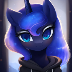 Size: 2048x2048 | Tagged: safe, editor:be.yovrsxlf_, imported from derpibooru, princess luna, alicorn, pony, ai assisted, ai content, bust, clothes, eyebrows, eyeshadow, female, generator:purplesmart.ai, generator:stable diffusion, hoodie, looking at you, makeup, mare, portrait, smiling, smiling at you, solo, sparkling mane