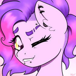 Size: 2500x2500 | Tagged: safe, alternate version, artist:koapony, imported from derpibooru, oc, oc only, pony, bust, ear fluff, ear piercing, earring, eye clipping through hair, eyebrow piercing, eyebrows, eyebrows visible through hair, jewelry, lip piercing, looking at you, one eye closed, piercing, portrait, smiling, solo, wink, winking at you