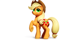 Size: 1024x576 | Tagged: safe, imported from derpibooru, applejack, earth pony, pony, ai content, ai generated, cute, female, mare, simple background, solo, white background