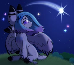 Size: 2000x1750 | Tagged: safe, artist:koapony, imported from derpibooru, oc, oc only, oc:nebula, pegasus, pony, coat markings, dappled, freckles, grass, looking back, multiple ears, night, shooting star, sitting, smiling, spread wings, stars, winged hooves, wings