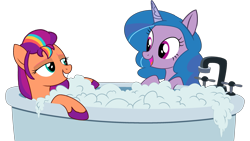 Size: 3134x1763 | Tagged: safe, artist:shiningblueshield, imported from derpibooru, izzy moonbow, sunny starscout, earth pony, pony, unicorn, bathroom, bathtub, bubble, bubble bath, duo, duo female, female, g4, g5, g5 to g4, generation leap, looking at each other, looking at someone, simple background, smiling, smiling at each other, transparent background