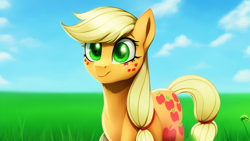 Size: 1024x576 | Tagged: safe, imported from derpibooru, applejack, earth pony, pony, ai content, ai generated, cute, female, jackabetes, mare, solo
