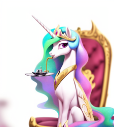 Size: 576x640 | Tagged: safe, imported from derpibooru, princess celestia, alicorn, pony, ai content, ai generated, cute, drinking, female, mare, simple background, solo, white background