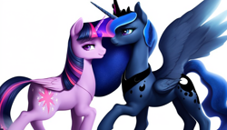 Size: 896x512 | Tagged: safe, imported from derpibooru, princess luna, twilight sparkle, alicorn, pony, ai content, ai generated, cute, duo, female, mare, simple background, twilight sparkle (alicorn), white background