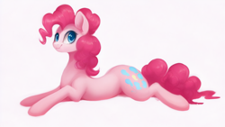 Size: 1024x576 | Tagged: safe, imported from derpibooru, pinkie pie, earth pony, pony, ai content, ai generated, cute, female, lying down, mare, prone, simple background, solo, white background