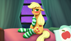 Size: 896x512 | Tagged: safe, imported from derpibooru, applejack, earth pony, pony, ai content, ai generated, bed, bedroom, blushing, clothes, cute, female, mare, shy, sitting, socks, solo