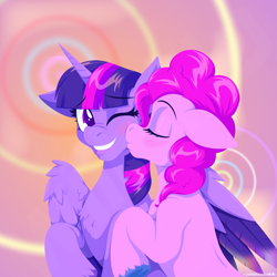 Size: 2000x2000 | Tagged: safe, artist:willoillo, imported from derpibooru, pinkie pie, twilight sparkle, alicorn, earth pony, pony, blushing, female, kissing, lesbian, shipping, twilight sparkle (alicorn), twinkie
