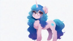 Size: 1024x576 | Tagged: safe, imported from derpibooru, izzy moonbow, pony, unicorn, ai content, ai generated, cute, female, g5, glasses, mare, my little pony: a new generation, simple background, solo, white background