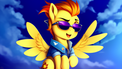 Size: 1024x576 | Tagged: safe, imported from derpibooru, spitfire, pegasus, pony, ai content, ai generated, clothes, cute, female, mare, open mouth, solo, sunglasses