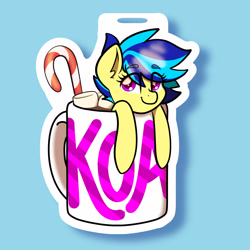 Size: 1600x1600 | Tagged: safe, artist:koapony, imported from derpibooru, oc, oc only, oc:koa, pony, candy, candy cane, chocolate, cup, cup of pony, eye clipping through hair, eyebrows, eyebrows visible through hair, food, hot chocolate, looking at you, marshmallow, micro, smiling, solo