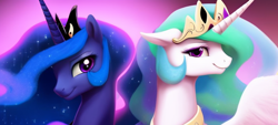 Size: 768x346 | Tagged: safe, imported from derpibooru, princess celestia, princess luna, alicorn, pony, ai content, ai generated, cute, duo, female, mare, royal sisters, siblings, simple background, sisters