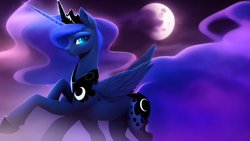 Size: 1024x576 | Tagged: safe, imported from derpibooru, princess luna, alicorn, pony, ai content, ai generated, crown, cute, ethereal mane, female, jewelry, mare, moon, necklace, night, regalia, solo