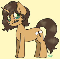 Size: 1156x1131 | Tagged: safe, artist:koapony, imported from derpibooru, oc, oc only, pony, unicorn, eyebrows, eyebrows visible through hair, glasses, looking at you, mouth hold, pen, smiling, solo, stylus