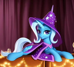 Size: 704x640 | Tagged: safe, imported from derpibooru, trixie, pony, unicorn, ai content, ai generated, cute, female, lying down, mare, prone, solo