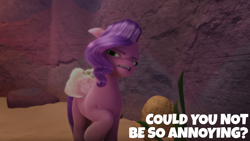 Size: 1920x1080 | Tagged: safe, edit, edited screencap, editor:quoterific, imported from derpibooru, screencap, pipp petals, pegasus, pony, spoiler:my little pony: make your mark, spoiler:my little pony: make your mark chapter 2, spoiler:myms01e03, annoyed, cave, female, g5, implied zipp storm, irritated, mare, my little pony: make your mark, my little pony: make your mark chapter 2, open mouth, pipp petals is not amused, portrait of a princess, raised hoof, reaction image, solo, unamused