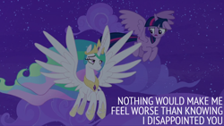 Size: 2000x1125 | Tagged: safe, edit, edited screencap, editor:quoterific, imported from derpibooru, screencap, princess celestia, twilight sparkle, alicorn, pony, horse play, cloud, flying, sky, stars, twilight sparkle (alicorn)