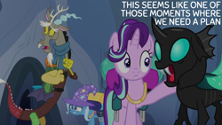 Size: 2000x1125 | Tagged: safe, edit, edited screencap, editor:quoterific, imported from derpibooru, screencap, discord, starlight glimmer, thorax, trixie, changeling, draconequus, pony, unicorn, to where and back again, backpack, bag, changeling hive, saddle bag