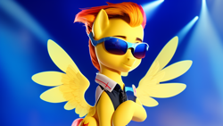 Size: 1024x576 | Tagged: safe, imported from derpibooru, spitfire, pegasus, pony, ai content, ai generated, cute, female, mare, solo, spread wings, sunglasses, wings